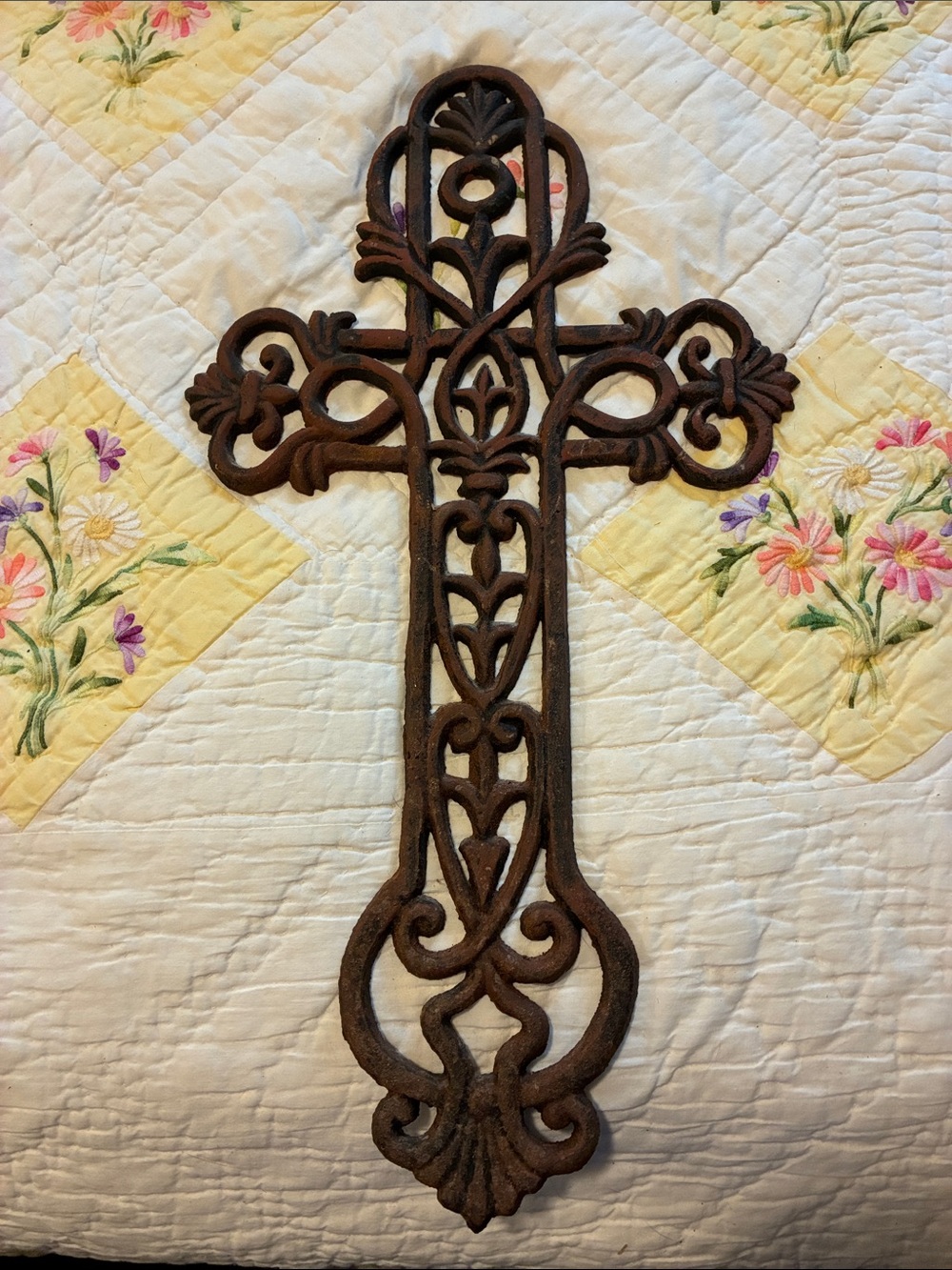 Ornate Brown & Cast Iron Wall Cross - Decorative Home Accent
